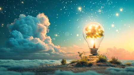 A surreal image of a light bulb with a tree inside against a dreamy starry sky.の素材