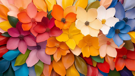 A close-up of colorful handcrafted paper flowers in various hues, arranged in a dense, vibrant display. Artistic and cheerful.の素材