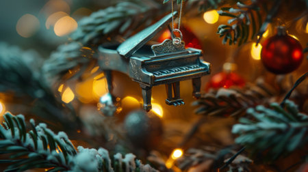 Miniature grand piano on a Christmas tree Surrounded by twinkling lights and festive decor.の素材