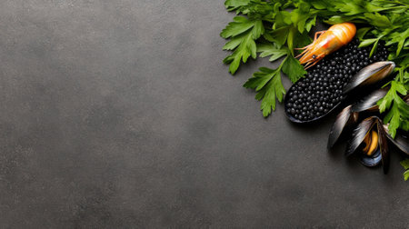 A composition of fresh mussels, shrimp, parsley, and caviar placed artistically on a dark textured surface. Copy spaceの素材
