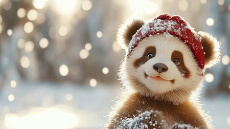 A smiling cartoon-style panda wearing a red beanie, surrounded by gently falling snow in a magical winter landscape.の素材
