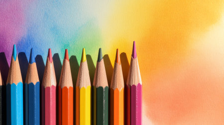 a row of sharpened colored pencils standing upright and casting shadows on a bright paper background.の素材