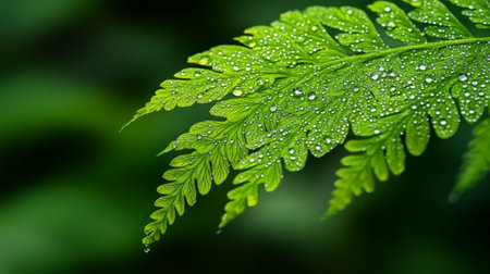 A close up of a delicate fern leaf, on which droplets of water are visible, delicately located on its surface.の素材
