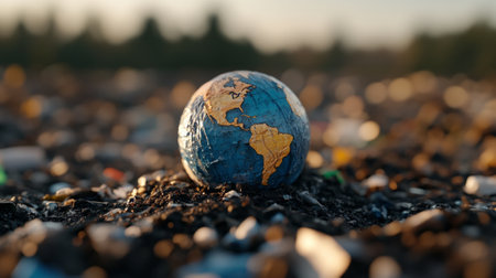 An image of the globe lying on piles of garbage, symbolizing the overwhelming impact of waste on the planet.の素材