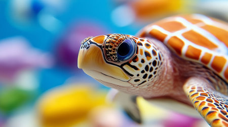Bright turtle on a blurred multi-colored background with a copy of space.の素材