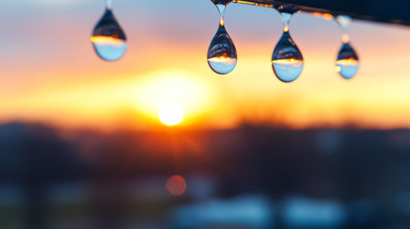 Close-up of water droplets hanging from a surface, reflecting the vibrant colors of a sunset in the blurred background. Copy spaceの素材