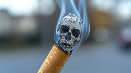 A burning cigarette with ashes forming the shape of a skull, symbolizing the deadly effects of smoking, against a blurred outdoor background.の素材