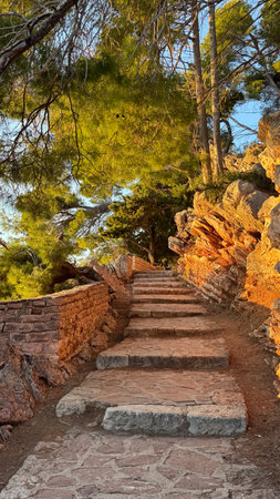 A scenic stone staircase leads through a forest path with golden sunlight highlighting the rocks and...