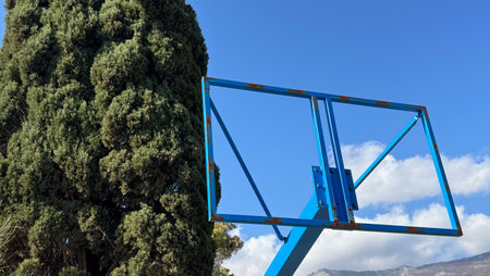 Rusty, hollow blue basketball hoop frame against tall evergreen tree and blue sky. High quality photoの写真素材