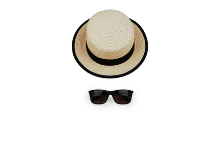 sunprotection objects sunglasses and hat. Lay flat. Top view.の写真素材