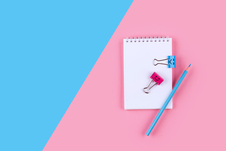 Top view of Blank notebook on colorful background