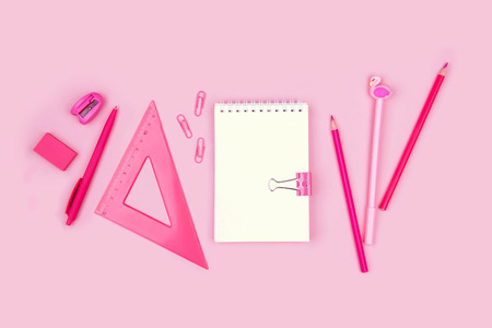 School and office supplies on pink background.の写真素材