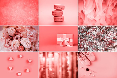 Collage of photos in living coral colorsの写真素材