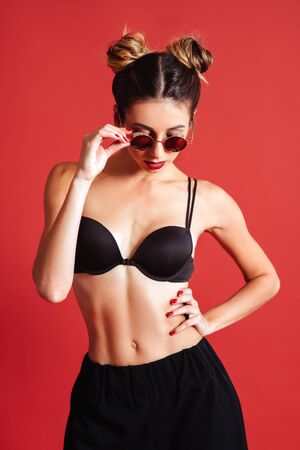 woman red lips. woman beautiful, red lips glasses,の写真素材