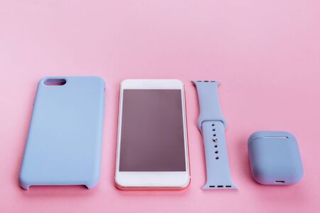 Up to date technology.Top view of diverse personal accessoryの写真素材