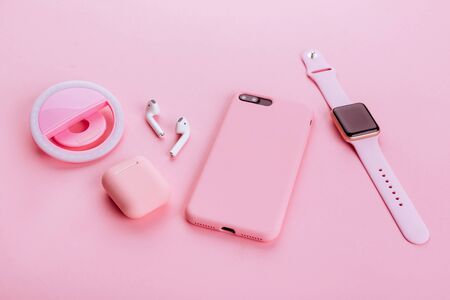 Up to date technology.Top view of diverse personal accessoryの写真素材