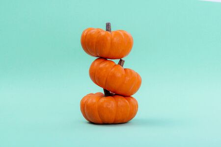 Pumpkins over neo mint background.の写真素材