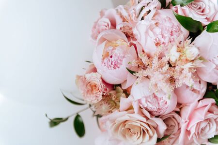 Fluffy pink peonies flowers background copy spaceの写真素材