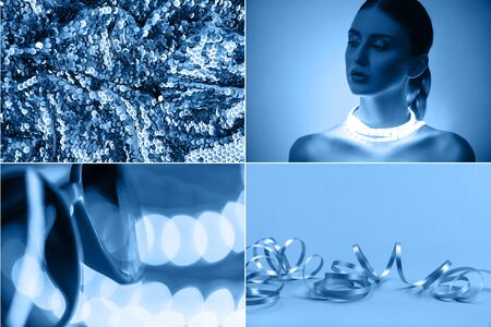 Blue creative collage. Color year 2020. Blue abstract backgroundの写真素材