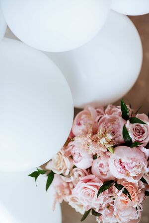 Fluffy pink peonies flowers background copy spaceの写真素材