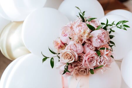 fresh bright blooming peonies flowers with dew drops on petalsの写真素材