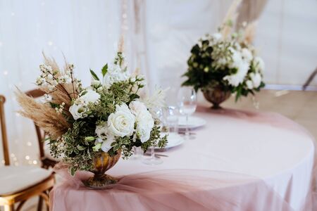 Wedding flowers decoration in the restaurantの写真素材