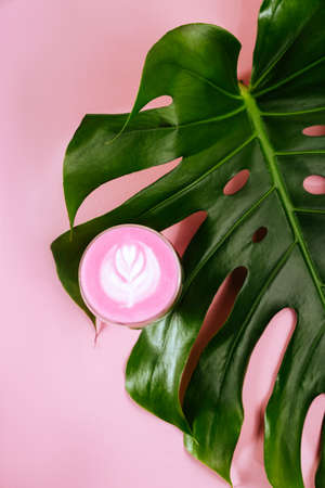 Hot pink matcha latte with green leave on colorfull backgroundの写真素材
