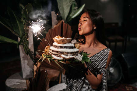 Portrait of charming girl blowing on candles on birthday cake