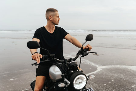 Close up portrait of biker at beach of Bali Indonesia.