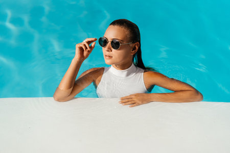 Young woman relaxing in swimming pool on summer vacation.の写真素材