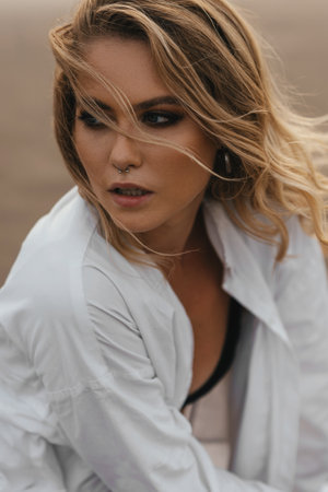 Young female enjoying sunny day on tropical beachの写真素材