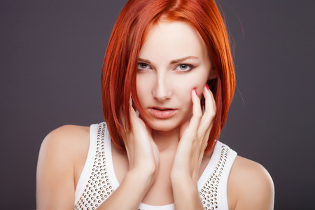 Red hair. Beautiful Woman with Short Hairの写真素材