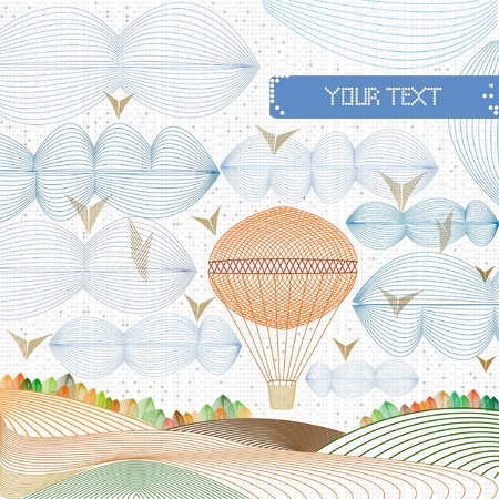 concept engraving baloon in the sky on perforation backgroundのイラスト素材