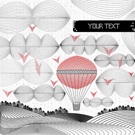 black and red concept engraving baloon in the sky on perforation backgroundのイラスト素材