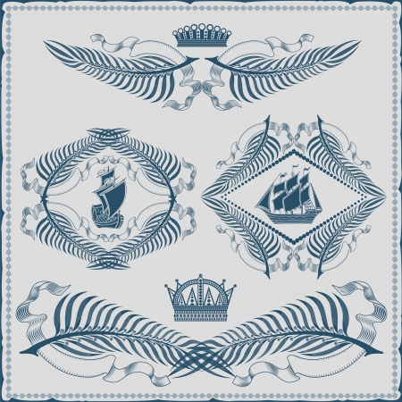engraving isolated vintage frame from palm leaves and ribbon with crown and shipのイラスト素材