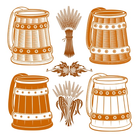 wood engraving mug with grain and hop elementのイラスト素材