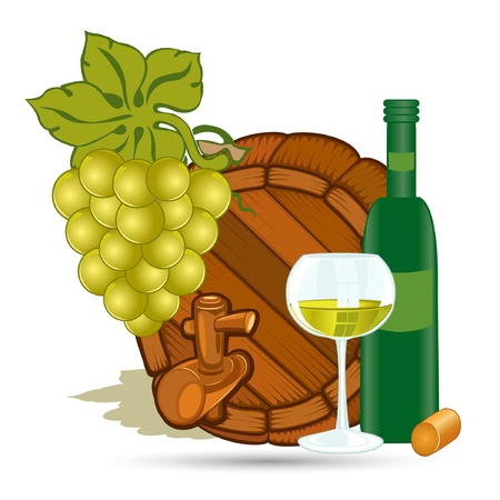 old wood barrel with grape bottle and glass of white wineのイラスト素材
