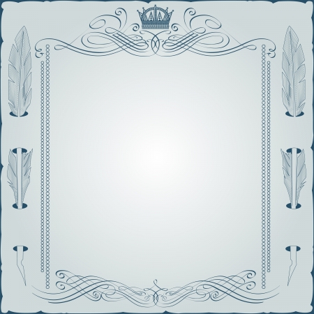vintage engraving frame with monogram and featherのイラスト素材