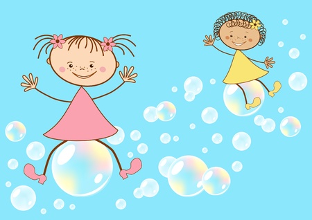 Children fly on soap bubbles. Vector illustration.のイラスト素材
