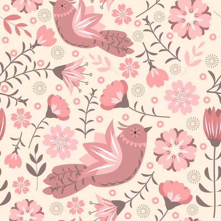 Seamless with flowers and birds.  Vector illustration.のイラスト素材