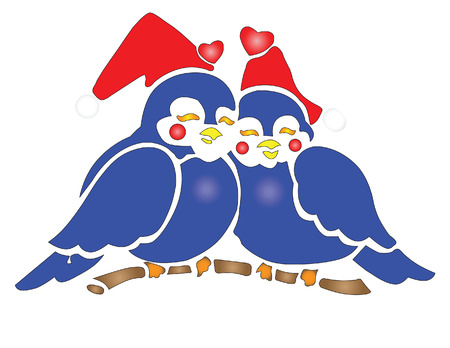 Two Bluebirds wearing Santa Hats isolated over white.のイラスト素材