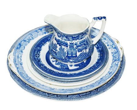 Blue Pattern Jug and Plates isolatedの写真素材