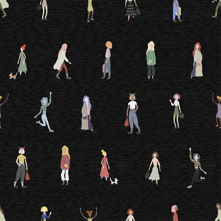 Crowd of people walking, standing, dancing, shopping. Female characters isolated on black striped background. Flat cartoon style. Seamless patternのイラスト素材