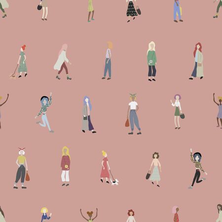 Crowd of people walking with dog, standing, dancing, shopping. Female characters isolated on pink background.のイラスト素材