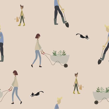 Seamless pattern with people gardening. Woman with wheelbarrow, man working with shovel, boy with watering can and catのイラスト素材