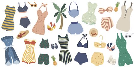 Big set vintage lingerie and swimsuits. Retro summer collection: swimsuit, bikini, hat, ball, sunglasses, pineappleの写真素材