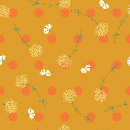 Botanical hand drawing seamless pattern. Branches with flowers. Hand drawn dandelion on yellow polka dots backgroundのイラスト素材