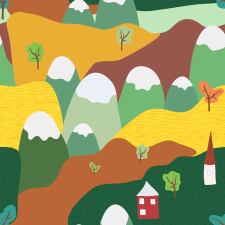 Nature landscape colorful seamless pattern. Vector illustration of natural, rustic background. Flat cartoon style.のイラスト素材