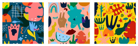 Three abstract seamless patterns. Simple shapes, doodle elements and nature floral texture. Hand...