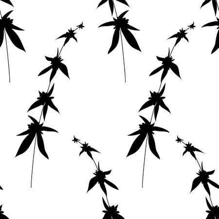 Monochrome floral seamless pattern. Hand drawn silhouette wild flowers and leaves scattered random on white backgroudのイラスト素材
